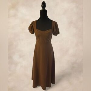 Chic Brown Midi Dress with Puff Sleeves